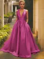 Timeless A-line V-Neck Sleeveless Sweep Train Satin Prom Dress With Ruffles