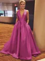 Timeless A-line V-Neck Sleeveless Sweep Train Satin Prom Dress With Ruffles