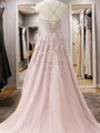 A-line Princess Modest V-Neck Sleeveless Sweep Train Tulle Prom Dress