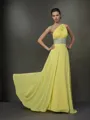 A-line One-Shoulder Sleeveless Simple Floor-Length Chiffon Prom Dress With Beading