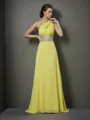 A-line One-Shoulder Sleeveless Simple Floor-Length Chiffon Prom Dress With Beading