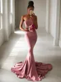 Trumpet/Mermaid Strapless Sleeveless Sweep Train Svelte Stretch Crepe Prom Dress With Ruffles