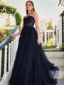 Delicate A-line Princess Strapless Sleeveless Sweep Train Tulle Corset Prom Dress