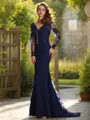 Trumpet/Mermaid V-Neck Graceful Long Sleeves Sweep Train Lace Prom Dress With Applique