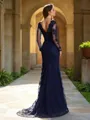 Trumpet/Mermaid V-Neck Graceful Long Sleeves Sweep Train Lace Prom Dress With Applique
