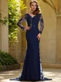 Trumpet/Mermaid V-Neck Graceful Long Sleeves Sweep Train Lace Prom Dress With Applique