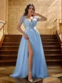 A-line V-Neck Short Sleeves Sweep Train Sophisticated Tulle Prom Dresses