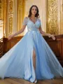 A-line V-Neck Short Sleeves Sweep Train Sophisticated Tulle Prom Dresses