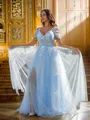 A-line V-Neck Short Sleeves Sweep Train Sophisticated Tulle Prom Dresses