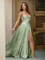 A-line Spaghetti Straps Sleeveless Sweep Train Balanced Silk like Satin Prom Dresses