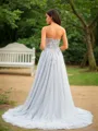 A-line Sweetheart Graceful Sleeveless Court Train Tulle Prom Dresses