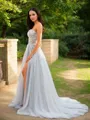 A-line Sweetheart Graceful Sleeveless Court Train Tulle Prom Dresses