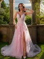 Modest A-line V-Neck Sleeveless Court Train Tulle Prom Dresses
