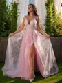 Modest A-line V-Neck Sleeveless Court Train Tulle Prom Dresses