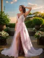 Modest A-line V-Neck Sleeveless Court Train Tulle Prom Dresses