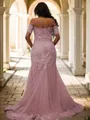 Sheath/Column Off-the-Shoulder Sleeveless Sweep Train Perfect Tulle Prom Dresses