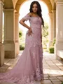 Sheath/Column Off-the-Shoulder Sleeveless Sweep Train Perfect Tulle Prom Dresses