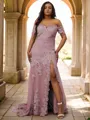 Sheath/Column Off-the-Shoulder Sleeveless Sweep Train Perfect Tulle Prom Dresses