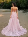 A-line V-Neck Feminine Sleeveless Court Train Tulle Prom Dresses