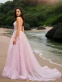 A-line V-Neck Feminine Sleeveless Court Train Tulle Prom Dresses
