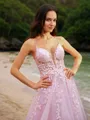 A-line V-Neck Feminine Sleeveless Court Train Tulle Prom Dresses