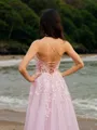 A-line V-Neck Feminine Sleeveless Court Train Tulle Prom Dresses