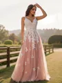 A-line V-Neck Sleeveless Floor-Length Tulle Feminine Prom Dresses