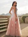 A-line V-Neck Sleeveless Floor-Length Tulle Feminine Prom Dresses