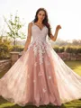 A-line V-Neck Sleeveless Floor-Length Tulle Feminine Prom Dresses