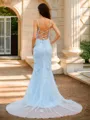 Sheath/Column V-Neck Contemporary Sleeveless Court Train Tulle Prom Dresses