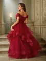 Flattering A-line Off-the-Shoulder Sleeveless Floor-Length Tulle Prom Dresses