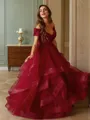 Flattering A-line Off-the-Shoulder Sleeveless Floor-Length Tulle Prom Dresses