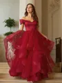 Flattering A-line Off-the-Shoulder Sleeveless Floor-Length Tulle Prom Dresses