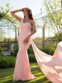 Sheath/Column Slinky One-Shoulder Sleeveless Sweep Train Silk like Satin Prom Dresses