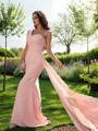 Sheath/Column Slinky One-Shoulder Sleeveless Sweep Train Silk like Satin Prom Dresses