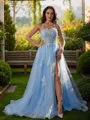 A-line Halter Sleeveless Sweep Train Tulle Timeless Prom Dresses