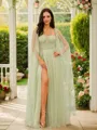 A-line Straps Sophisticated Long Sleeves Floor-Length Tulle Prom Dresses