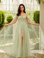 A-line Straps Sophisticated Long Sleeves Floor-Length Tulle Prom Dresses