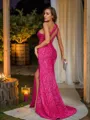 Glinting Sheath/Column One-Shoulder Sleeveless Sweep Train Velvet Sequins Prom Dresses