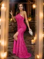 Glinting Sheath/Column One-Shoulder Sleeveless Sweep Train Velvet Sequins Prom Dresses