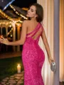 Glinting Sheath/Column One-Shoulder Sleeveless Sweep Train Velvet Sequins Prom Dresses
