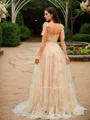 A-line Straps Elegant Sleeveless Sweep Train Lace Prom Dresses