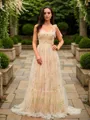 A-line Straps Elegant Sleeveless Sweep Train Lace Prom Dresses
