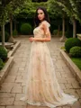 A-line Straps Elegant Sleeveless Sweep Train Lace Prom Dresses