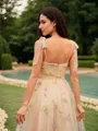 A-line Straps Elegant Sleeveless Sweep Train Lace Prom Dresses