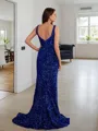 Sheath/Column V-Neck Glitter Sleeveless Sweep Train Velvet Sequins Prom Dresses