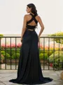 Sheath/Column Off-the-Shoulder Bodycon Sleeveless Sweep Train Jersey Prom Dresses