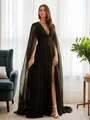 A-line V-Neck Refined Long Sleeves Floor-Length 30D Chiffon Prom Dresses