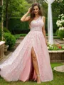 A-line One-Shoulder Charming Sleeveless Floor-Length Lace Prom Dresses