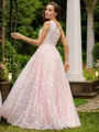 A-line One-Shoulder Charming Sleeveless Floor-Length Lace Prom Dresses